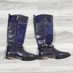 TORY BURCH Blaire Navy Blue Leather Logo Low Heel Knee High Riding Boots Sz 10
